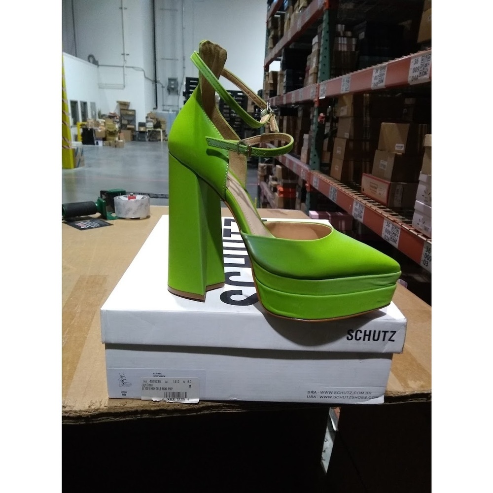 SCHUTZ Neon Lime Platform Block Heel Pumps with Double Ankle Straps
